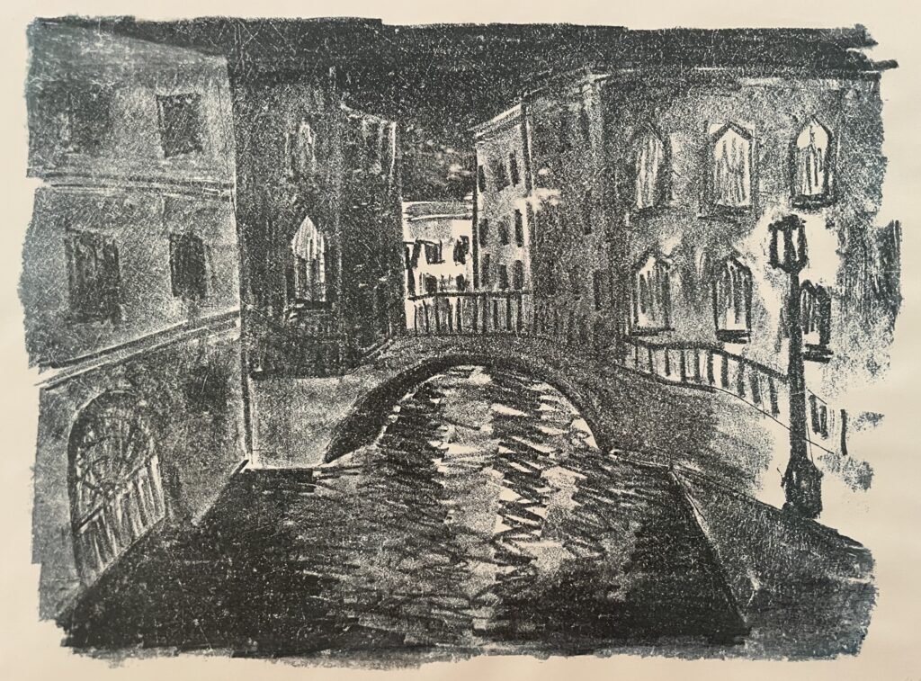 Chalk Drawing of a Venetian bridge, printed in Lithography